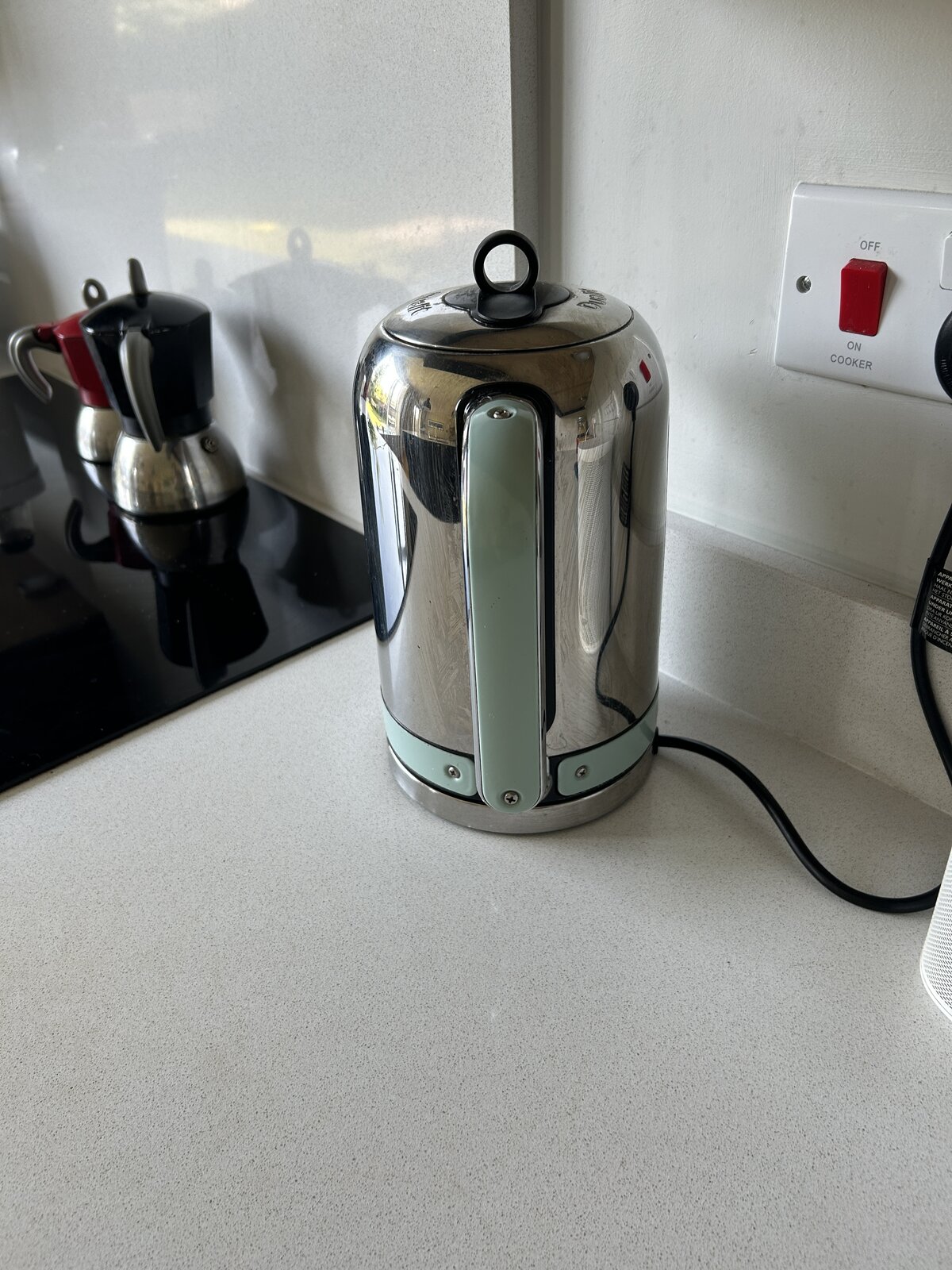The Eucalyptus Dualit kettle on the kitchen counter