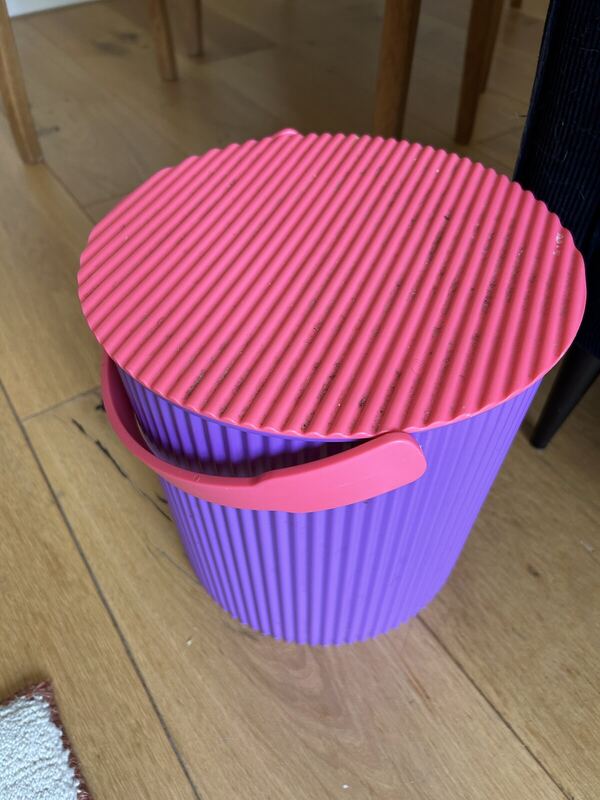 The purple Hachiman bucket, zoomed out to show it in the room