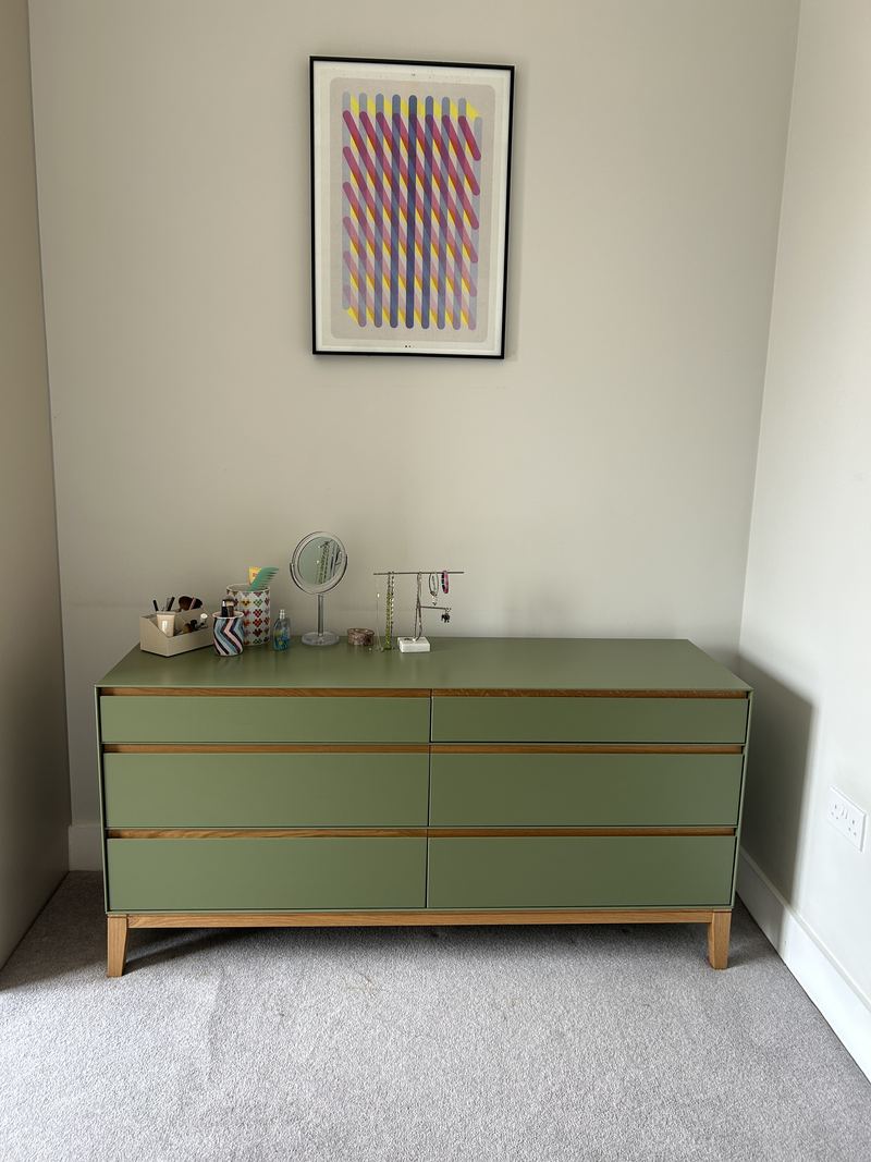 Heal's Lars six-drawer chest in olive green with oak trim