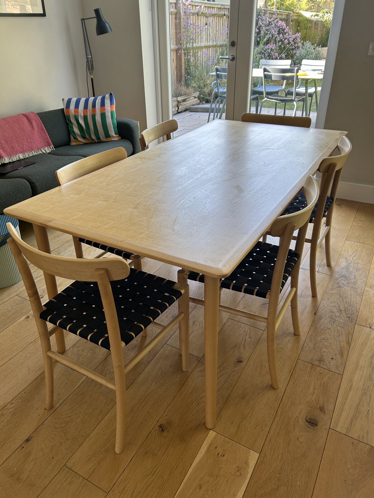 Maruni Lightwood table and six webbed chairs in the kitchen diner
